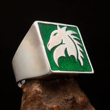 Excellent crafted Men's Chess Ring Horse Head green - Sterling Silver - BikeRing4u