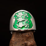Excellent crafted Men's green 3 Lions Coat of Arms Ring - Sterling Silver - BikeRing4u
