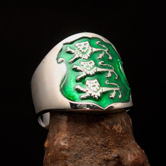 Excellent crafted Men's green 3 Lions Coat of Arms Ring - Sterling Silver - BikeRing4u