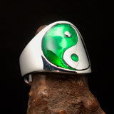 Excellent crafted Men's green Yin Yang Ring - Sterling Silver - BikeRing4u