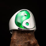 Excellent crafted Men's green Yin Yang Ring - Sterling Silver - BikeRing4u