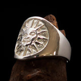 Excellent crafted shiny ancient Men's Inca Sun Aztec Ring - Sterling Silver - BikeRing4u