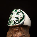 Excellent crafted ancient Men's Twin Head Eagle Ring Green - Sterling Silver - BikeRing4u