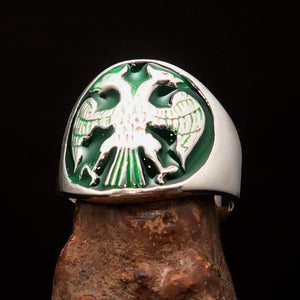 Excellent crafted ancient Men's Twin Head Eagle Ring Green - Sterling Silver - BikeRing4u