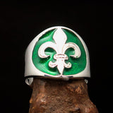 Excellent crafted Men's green Fleur de Lis Seal Ring - Sterling Silver - BikeRing4u