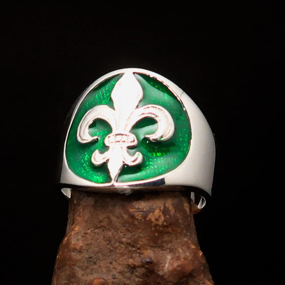 Excellent crafted Men's green Fleur de Lis Seal Ring - Sterling Silver - BikeRing4u
