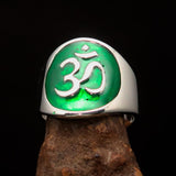 Excellent crafted Men's green Aum Buddhist Ring - Sterling Silver - BikeRing4u