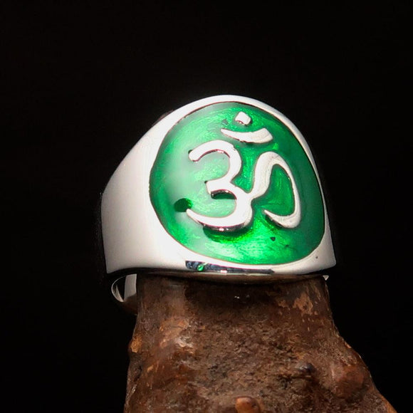 Excellent crafted Men's green Aum Buddhist Ring - Sterling Silver - BikeRing4u