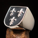 Excellent crafted Men's black Fleur de Lis Coat of Arms Ring - Sterling Silver - BikeRing4u