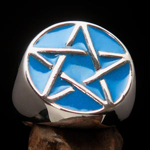 Excellent crafted Men's Pinky Ring Blue Pentagram - Sterling Silver - BikeRing4u