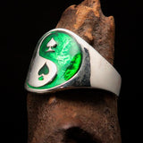 Excellent crafted Men's green Spades Yin Yang Poker Ring - Sterling Silver - BikeRing4u