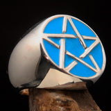 Excellent crafted Men's Pinky Ring Blue Pentagram - Sterling Silver - BikeRing4u