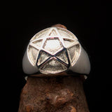 Perfectly domed Men's Two-Tone Matte Solid Line Pentagram Ring - Sterling Silver - BikeRing4u