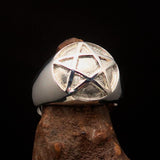 Perfectly domed Men's Two-Tone Matte Solid Line Pentagram Ring - Sterling Silver - BikeRing4u