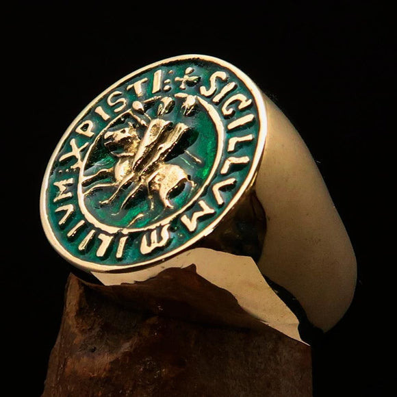 Excellent crafted Men's Templar Knight Seal Ring green - Solid Brass - BikeRing4u