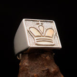 Perfectly crafted Men's Chess Player Ring Two-Tone Matte King's Crown - Sterling Silver - BikeRing4u