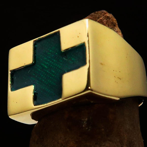Perfectly crafted Men's Green Cross Ring - Solid Brass - BikeRing4u