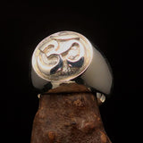 Nicely crafted domed Men's Buddhist Ring Aum Symbol - Two-Tone Matte Sterling Silver - BikeRing4u