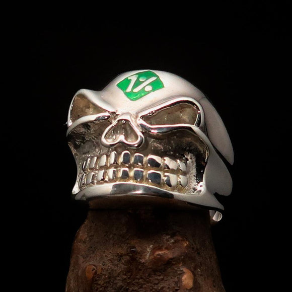 Excellent Crafted Men's Outlaw green 1% er Gnome Skull Ring - Sterling Silver - BikeRing4u