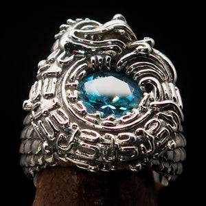 Excellent crafted Sterling Silver Men's Ring Ancient Maya Inca Dragon Blue CZ - BikeRing4u