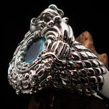 Excellent crafted Sterling Silver Men's Ring Ancient Maya Inca Dragon Blue CZ - BikeRing4u