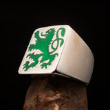 Perfectly crafted Men's Rampant Lion Ring green - Sterling Silver - BikeRing4u