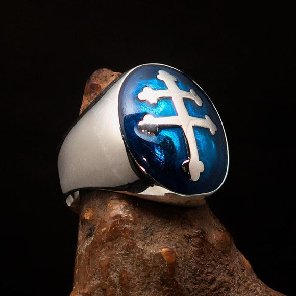 Excellent crafted oval domed Men's blue Cross Lorraine Ring - Sterling Silver - BikeRing4u