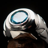 Nicely crafted Men's Solitaire Iron Cross Ring Blue Cubic Zirconia CZ - Sterling Silver - BikeRing4u