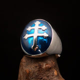Excellent crafted oval domed Men's blue Cross Lorraine Ring - Sterling Silver - BikeRing4u