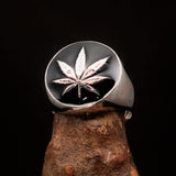 Sterling Silver Men's Ring black Marihuana Cannabis Leaf - BikeRing4u