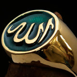Excellent crafted Men's Muslim Ring Green Allah Symbol - solid Brass - BikeRing4u