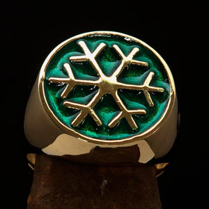 Excellent crafted Men's Winter Ring Green Snowflake - solid Brass - BikeRing4u
