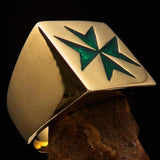 Nicely crafted Men's Knight Ring Maltese Green Cross - Solid Brass - BikeRing4u