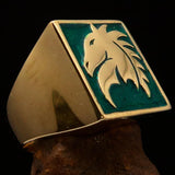 Excellent crafted Men's Chess Ring green Horse Head - Solid Brass - BikeRing4u