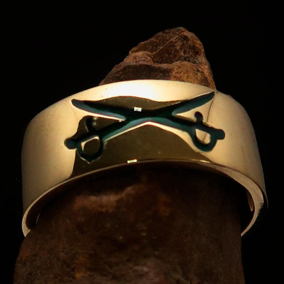 Excellent crafted Men's Cavalry Ring Green Crossed Sabers - Solid Brass - BikeRing4u