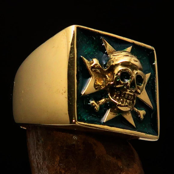 Excellent crafted Men's Pirate Skull Ring green Maltese Cross - Solid Brass - BikeRing4u