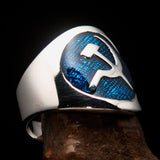 Excellent crafted Men's Hammer and Sickle Crest Ring Blue - Sterling Silver - BikeRing4u