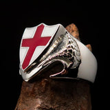 Men's Sterling Silver Shield Ring Flag of England Red Cross on White - BikeRing4u