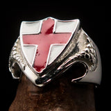 Men's Sterling Silver Shield Ring Flag of England Red Cross on White - BikeRing4u