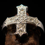 Excellent crafted Men's ornamental Celtic Cross Ring - mirror Polished Sterling Silver - BikeRing4u