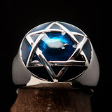 Nicely crafted Men's Hebrew Ring Blue Star of David - Sterling Silver - BikeRing4u