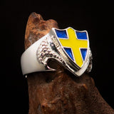Men's Sterling Silver Shield Ring Flag of Sweden Yellow Cross on Blue - BikeRing4u