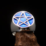 Excellent crafted Men's Pinky Ring dark blue Pentagram - Sterling Silver - BikeRing4u