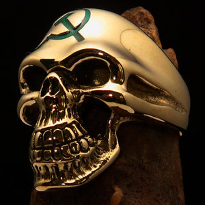 Excellent crafted Men's Communist Skull Ring green Hammer Sickle - solid Brass - BikeRing4u