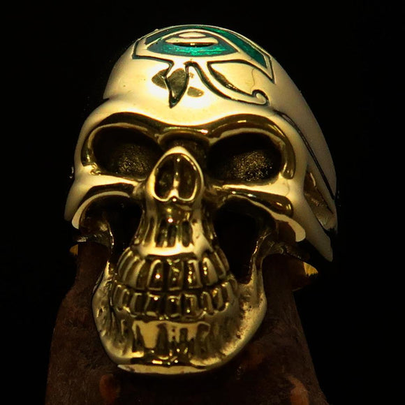 Excellent crafted Men's Skull Ring green Eye of Ra - Solid Brass - BikeRing4u