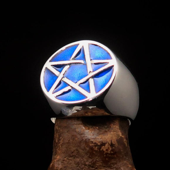 Excellent crafted Men's Pinky Ring dark blue Pentagram - Sterling Silver - BikeRing4u