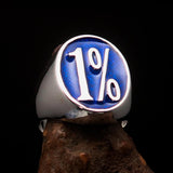 Nicely crafted Men's Outlaw Ring oval 1% Percent Symbol Blue - Sterling Silver - BikeRing4u