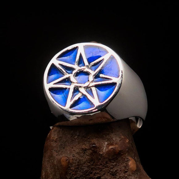 Excellent crafted Men's Heptagon Ring Blue seven sided Polygon - Sterling Silver - BikeRing4u