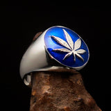 Sterling Silver Men's Ring blue Marihuana Cannabis Leaf - BikeRing4u