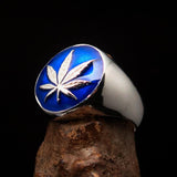 Sterling Silver Men's Ring blue Marihuana Cannabis Leaf - BikeRing4u